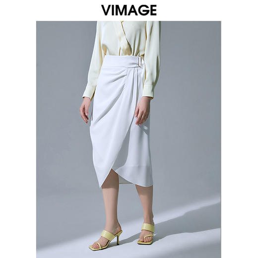 VIMAGE纬漫纪品牌女装高腰修身不规则中长裙纯色半身裙V1506105 商品图0