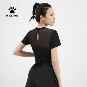 卡尔美短袖T恤女夏健身衣运动跑步网纱拼接透气速干开叉上衣