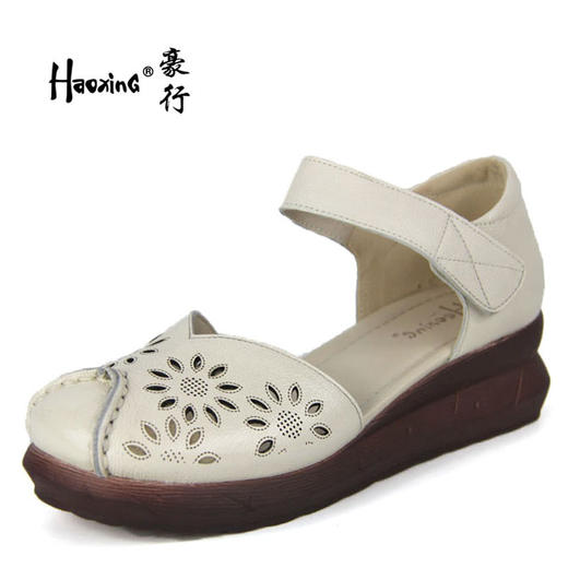 豪行夏季新款20292888镂空真皮软底鞋复古坡跟女鞋防滑底百搭凉鞋 商品图0