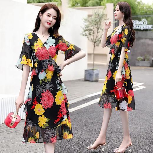 XP-YIXG8071新款优雅气质收腰V领短袖中长款碎花连衣裙 商品图2