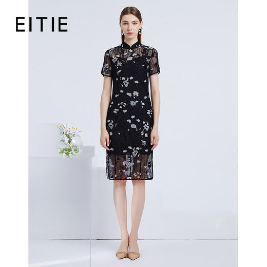 EITIE爱特爱21夏季新款中式立领气质镂空蕾丝修身改良旗袍连衣裙B2107738 商品图0