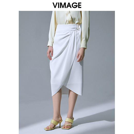 VIMAGE纬漫纪品牌女装高腰修身不规则中长裙纯色半身裙V1506105 商品图2