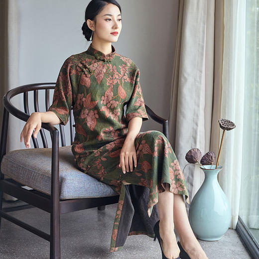 2020新修身长款绢纺印花香云纱改良文艺旗袍连衣裙YZ0089 捌 。 商品图0