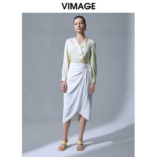 VIMAGE纬漫纪品牌女装高腰修身不规则中长裙纯色半身裙V1506105 商品图1