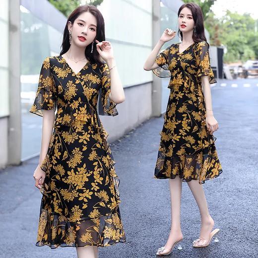 XP-YIXG8071新款优雅气质收腰V领短袖中长款碎花连衣裙 商品图3