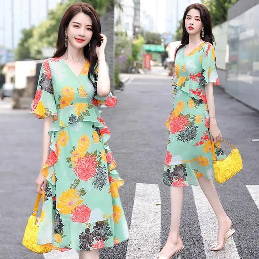 XP-YIXG8071新款优雅气质收腰V领短袖中长款碎花连衣裙 商品图1