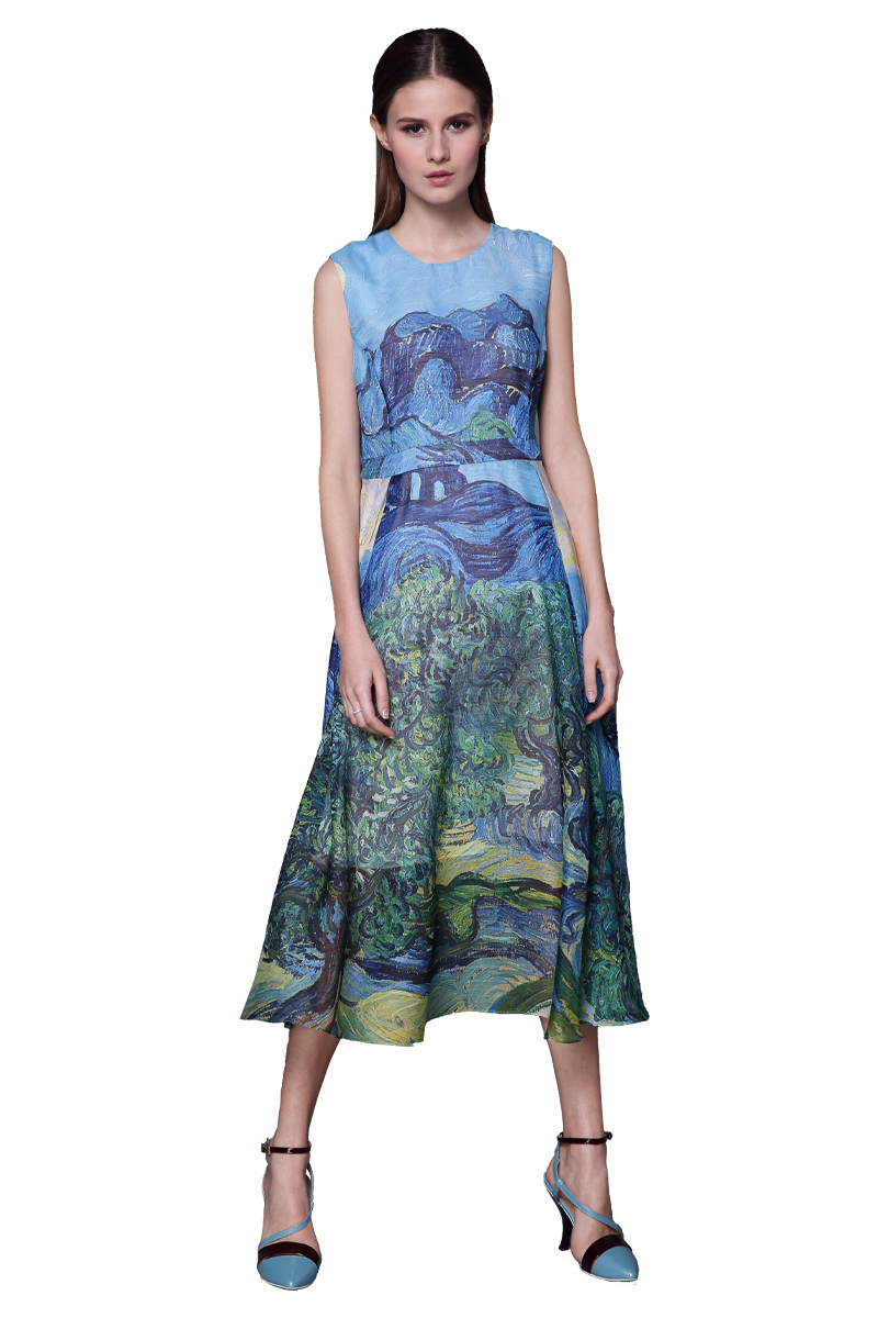 【伯妮斯茵】162S027--蓝色连衣裙--白云下橄榄树--《生命之美-梵高的花园》
