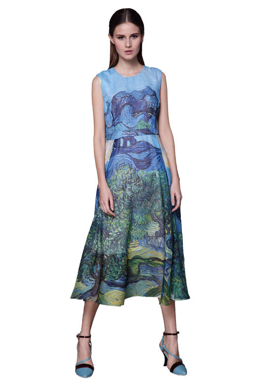 【伯妮斯茵】162S027--蓝色连衣裙--白云下橄榄树--《生命之美-梵高的花园》 商品图0