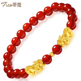【端午】蒂蔻 招财貔貅黄金转运珠手链女士款3D硬金红玛瑙路路通手串足金饰品约0.7-0.9g
