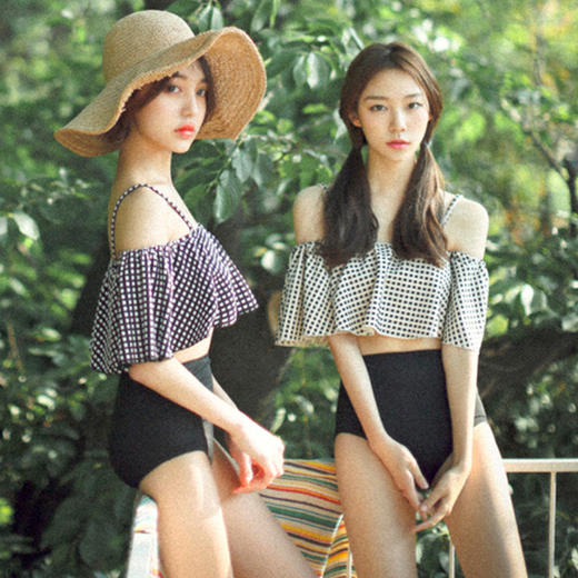 【泳衣】*韩版性感小胸聚拢小格子分体高腰比基尼保守显瘦泳衣 商品图1