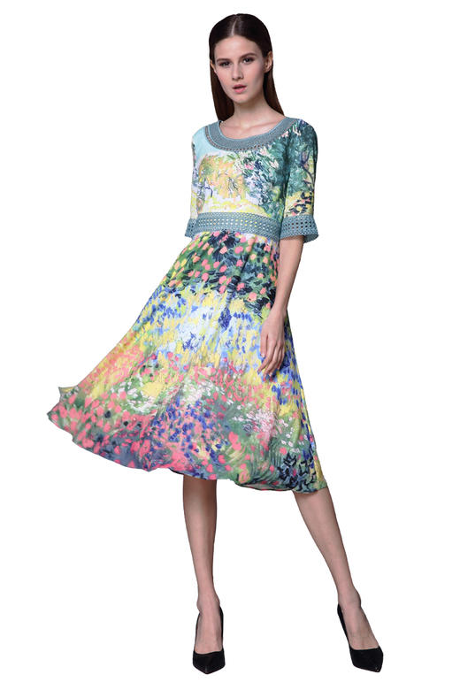 【伯妮斯茵】162S092--绿色连衣裙--鲜花盛开的花园--《生命之美-梵高的花园》 商品图0