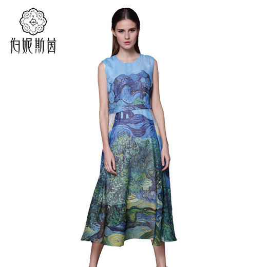 【伯妮斯茵】162S027--蓝色连衣裙--白云下橄榄树--《生命之美-梵高的花园》 商品图1