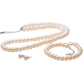 【端午】京润珍珠想念扁圆白色淡水珍珠项链手链耳钉三件套送妈妈送婆婆母亲节礼物8-9mm附证书