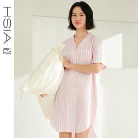睡衣女夏季薄款舒爽条纹中长款宽松显瘦短袖衬衫裙凉感睡裙HSIA遐