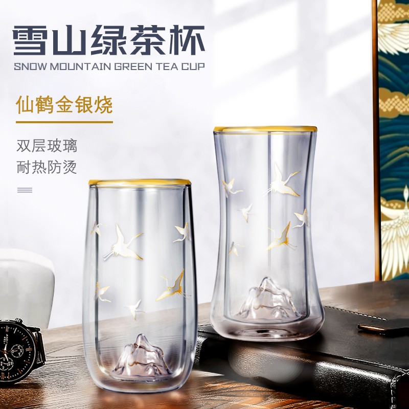 金银烧仙鹤双层玻璃杯