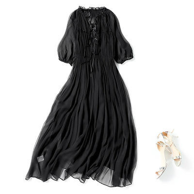 NYT- 2021_48-2021夏季新款圆领木耳边宽松a版系带纯色气质通勤真丝乔其连衣裙 商品图2