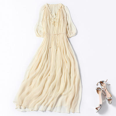 NYT- 2021_48-2021夏季新款圆领木耳边宽松a版系带纯色气质通勤真丝乔其连衣裙 商品图3