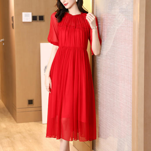 NYT- 2021_48-2021夏季新款圆领木耳边宽松a版系带纯色气质通勤真丝乔其连衣裙 商品图4