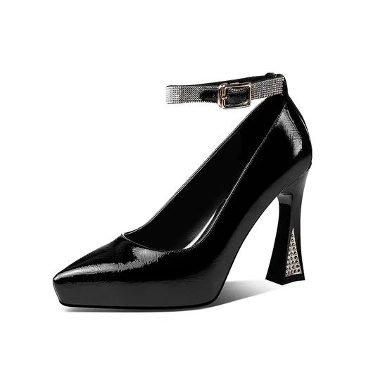 CV1937 2021新款真皮水钻防水台高跟鞋女女鞋浅口尖头粗跟单鞋皮鞋 商品图1