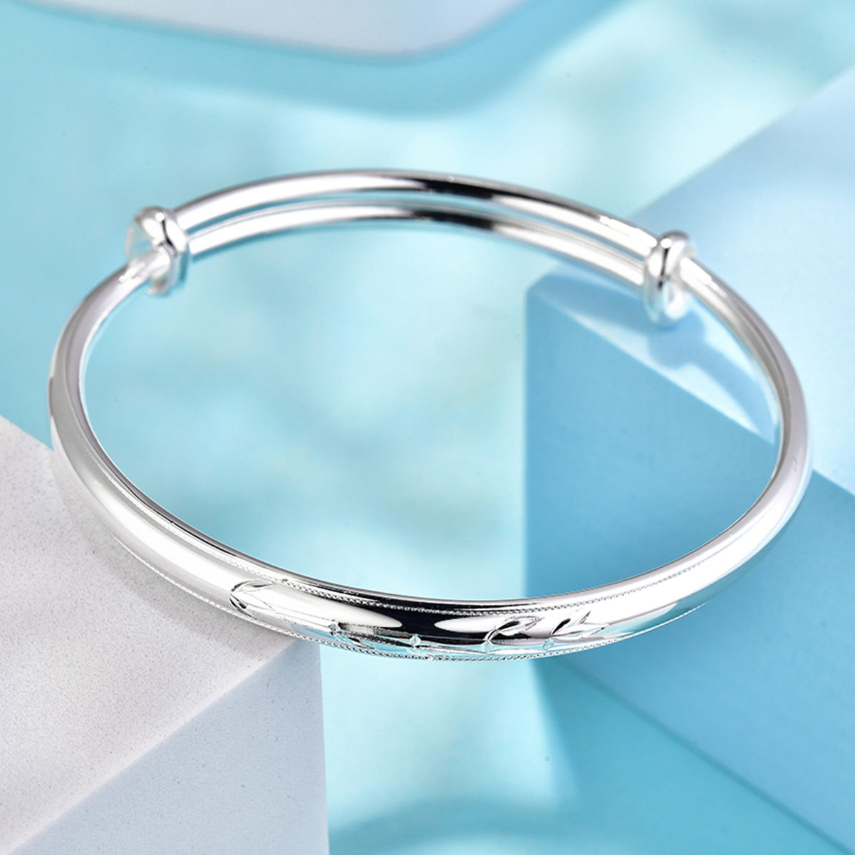 竹纹雕花银手镯