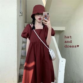 【四色可选送帽子】2021新款洋气连衣裙韩版宽松娃娃ins裙方领泡泡袖A字裙七夕节