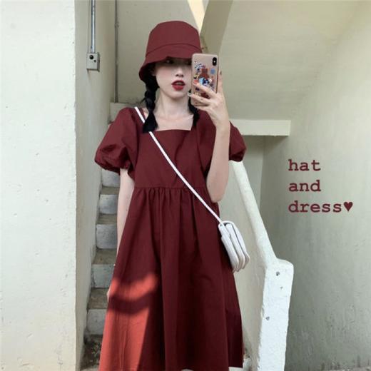 【四色可选送帽子】2021新款洋气连衣裙韩版宽松娃娃ins裙方领泡泡袖A字裙七夕节 商品图0