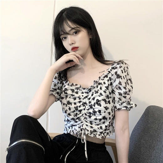 新款2021年夏季甜美短款衬衣薄款上衣法式复古抽绳碎花短袖衬衫女 商品图1