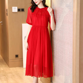 NYT- 2021_48-2021夏季新款圆领木耳边宽松a版系带纯色气质通勤真丝乔其连衣裙