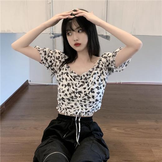 新款2021年夏季甜美短款衬衣薄款上衣法式复古抽绳碎花短袖衬衫女 商品图4