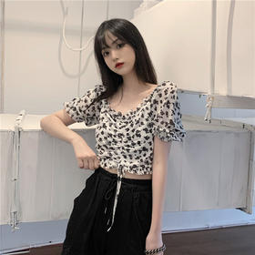 新款2021年夏季甜美短款衬衣薄款上衣法式复古抽绳碎花短袖衬衫女