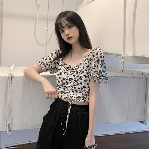 新款2021年夏季甜美短款衬衣薄款上衣法式复古抽绳碎花短袖衬衫女 商品图0