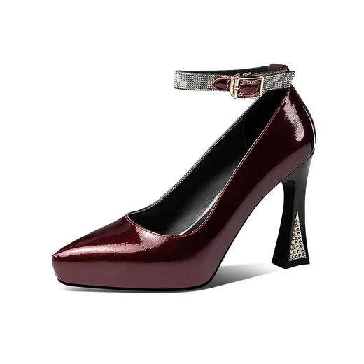 CV1937 2021新款真皮水钻防水台高跟鞋女女鞋浅口尖头粗跟单鞋皮鞋 商品图5