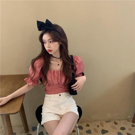 2021夏季新款美背镂空绑带泡泡袖上衣韩版ins纯色收腰衬衫女装 商品图4