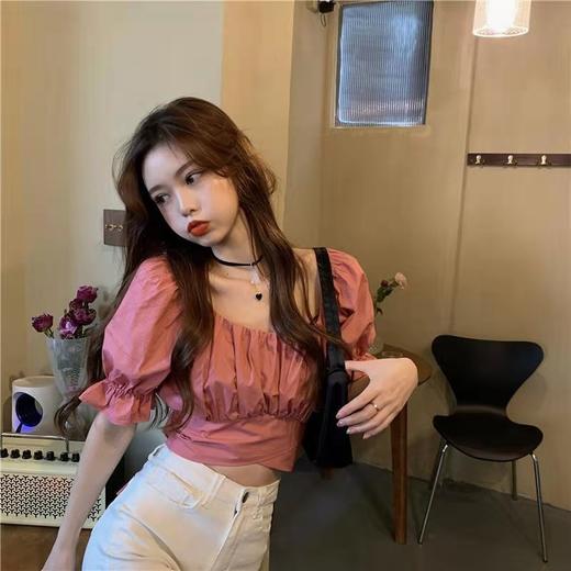 2021夏季新款美背镂空绑带泡泡袖上衣韩版ins纯色收腰衬衫女装 商品图0