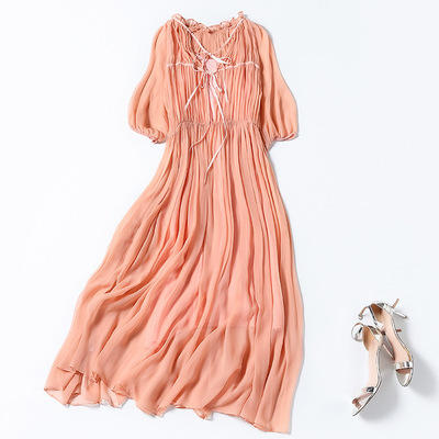 NYT- 2021_48-2021夏季新款圆领木耳边宽松a版系带纯色气质通勤真丝乔其连衣裙 商品图1