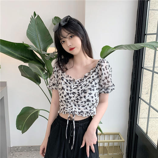 新款2021年夏季甜美短款衬衣薄款上衣法式复古抽绳碎花短袖衬衫女 商品图3