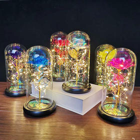 【72小时发货】520节日礼物送女友送闺蜜生日 永生花金箔玫瑰花玻璃罩 带led灯发光