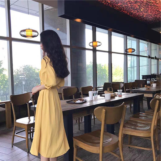 【法式气质】超仙黄色森系连衣裙 收腰显瘦 桔梗裙 复古过膝A型修身 舒适显气质 商品图3