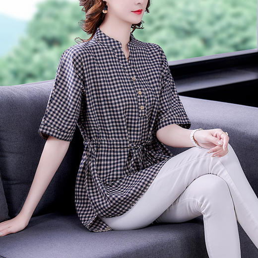 GYH  918时尚中长V领收腰显瘦系带棉麻格子衬衣 商品图2