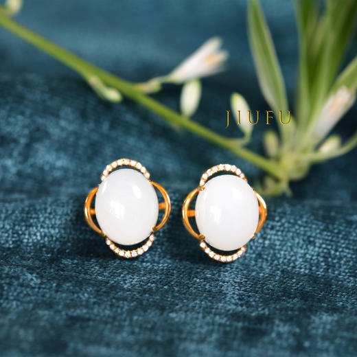 18K玫瑰金和田玉（白玉）蛋面镶钻耳钉--花之物语 商品图1