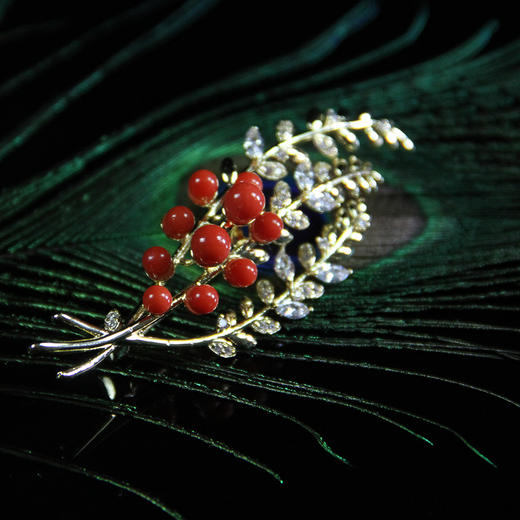 天然珊瑚花叶胸针 商品图0