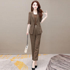 WE- ZM-BLH35 时尚三件套装女2021夏新款修身气质优雅五分袖小西装外套休闲长裤