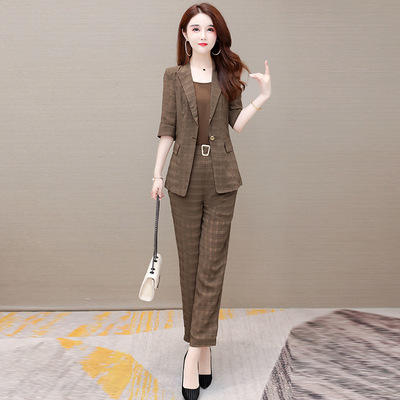 WE- ZM-BLH35 时尚三件套装女2021夏新款修身气质优雅五分袖小西装外套休闲长裤 商品图0