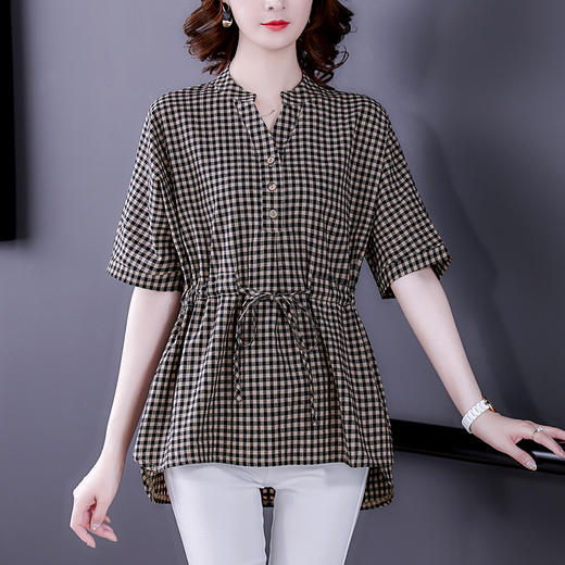 GYH  918时尚中长V领收腰显瘦系带棉麻格子衬衣 商品图1
