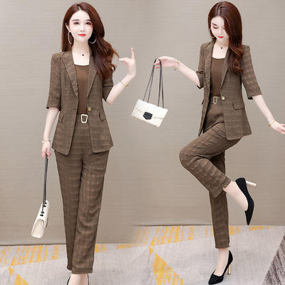 WE- ZM-BLH35 时尚三件套装女2021夏新款修身气质优雅五分袖小西装外套休闲长裤 商品图1