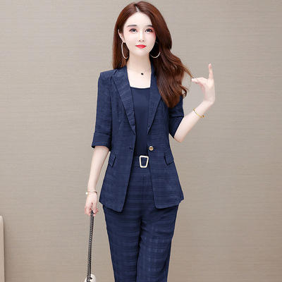 WE- ZM-BLH35 时尚三件套装女2021夏新款修身气质优雅五分袖小西装外套休闲长裤 商品图4