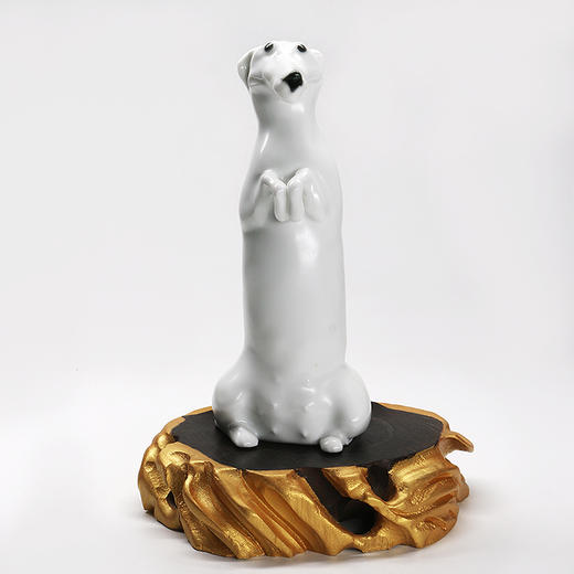 薛继业雕塑小白腊肠狗瓷胎釉下黑点眼鼻白釉 商品图4