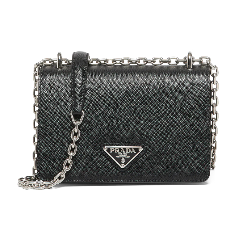 PRADA 普拉达 女士 Re-Nylon 再生尼龙 Saffiano 皮革珐琅金属三角形徽标斜挎单肩包 黑色 1BD032 064 F0002 IO1