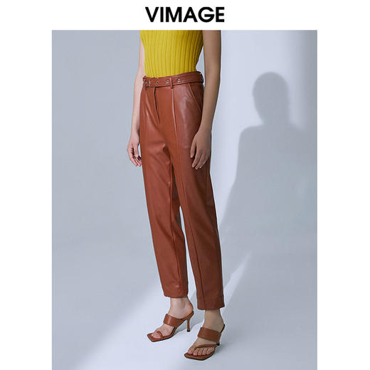 VIMAGE纬漫纪高腰显瘦九分皮裤休闲裤裤子V1505101 商品图2