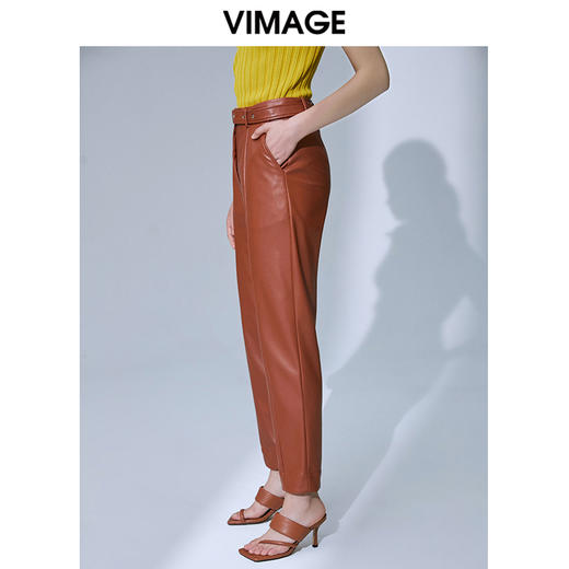 VIMAGE纬漫纪高腰显瘦九分皮裤休闲裤裤子V1505101 商品图3